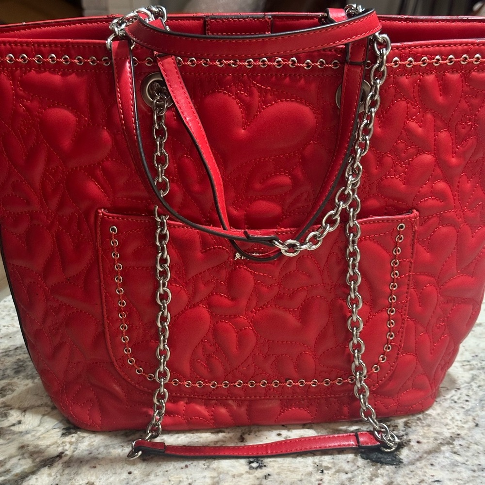 Betsey Johnson Red Quilted Heart Double Handle Tote Faux Leather